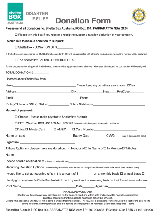 Donation Form - Shelterbox Printable pdf