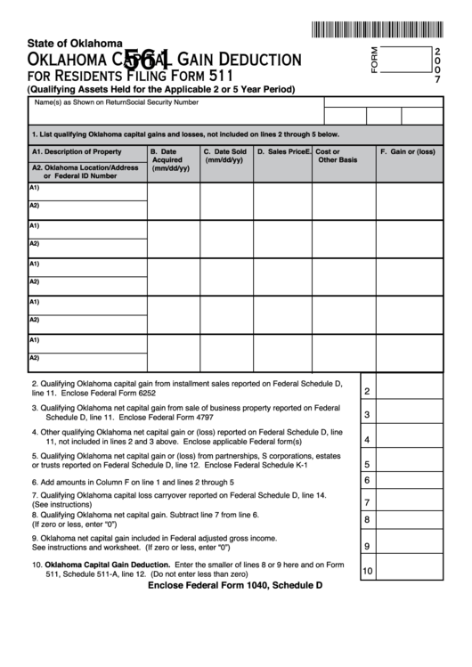 Fillable Form 561 - Oklahoma Capital Gain Deduction For Residents - 2007 Printable pdf