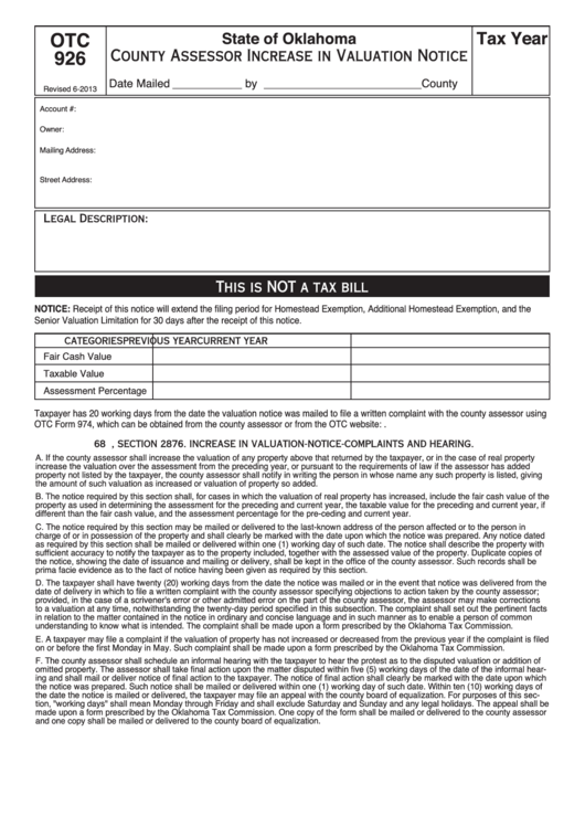 Fillable Form Otc 926 - County Assessor Increase In Valuation Notice Printable pdf