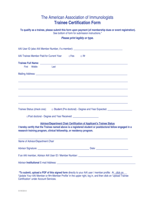 Trainee Certification Form Printable pdf