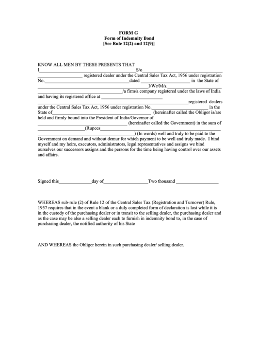 Form G - Form Of Indemnity Bond Printable pdf