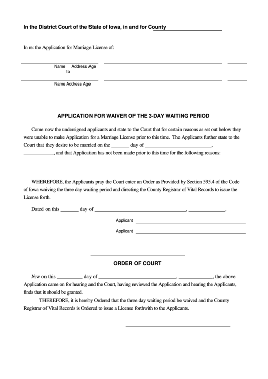 Fillable Application For Waiver Of The 3-Day Waiting Period Printable pdf