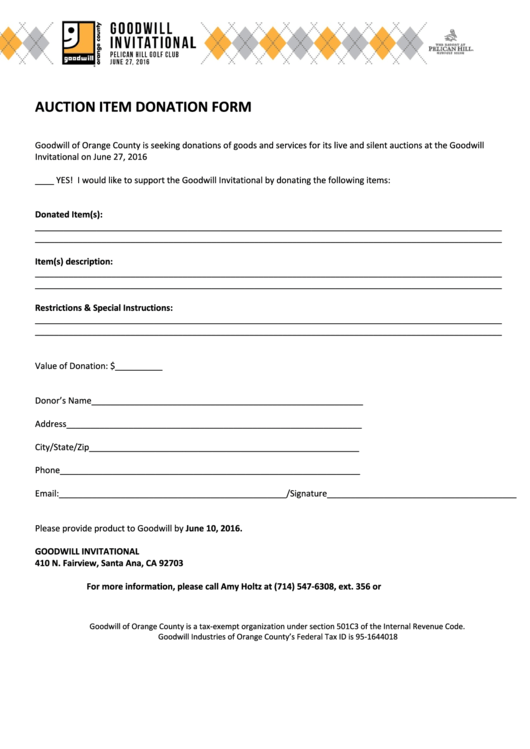 Auction Item Donation Form - Goodwill Of Orange Printable pdf