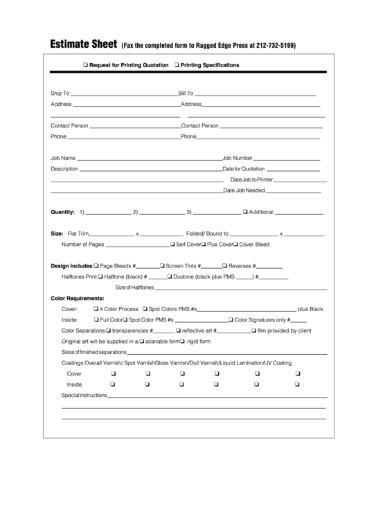 Estimate Sheet Printable pdf