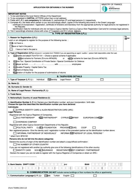 Application For Obtaining A Tax Number Printable pdf