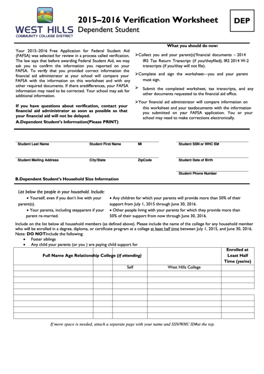 Dependent Worksheet West Hills Community College District Printable pdf