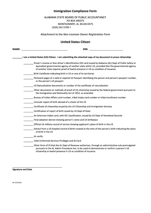 Immigration Compliance Form (United States Citizen) Alabama State Board Of Public Accountancy Printable pdf