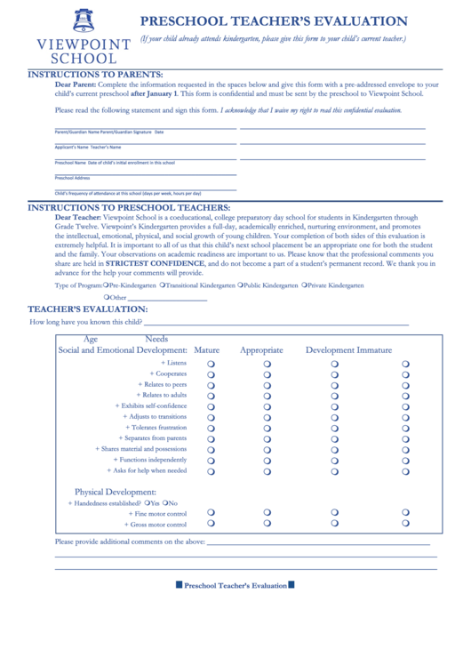 Preschool Teachers Evaluation Printable pdf