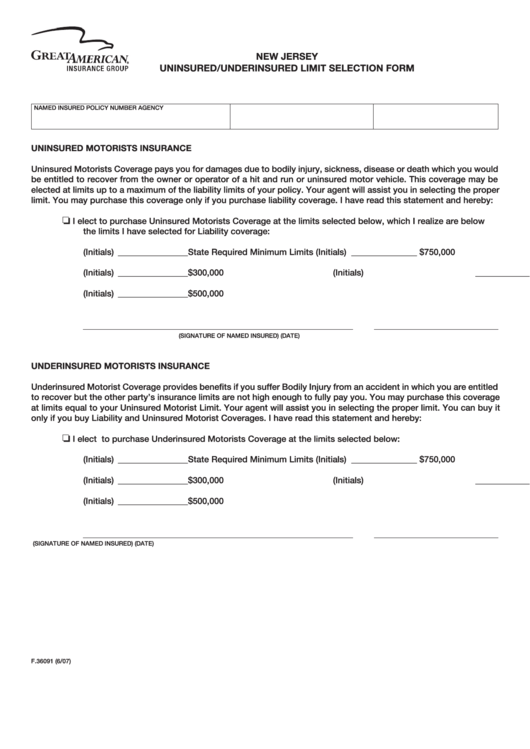 Form F.36091 - Uninsured/underinsured Limit Selection Form Printable pdf