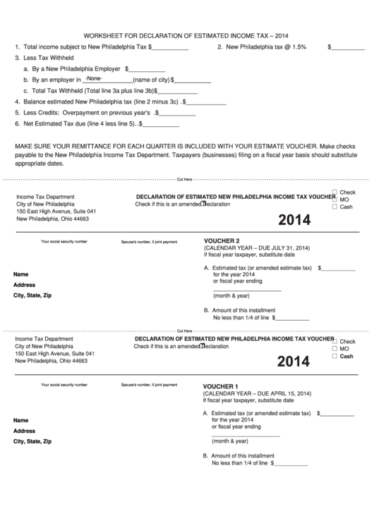 Fillable Worksheet For Declaration Of Estimated Income Tax - 2014 Printable pdf