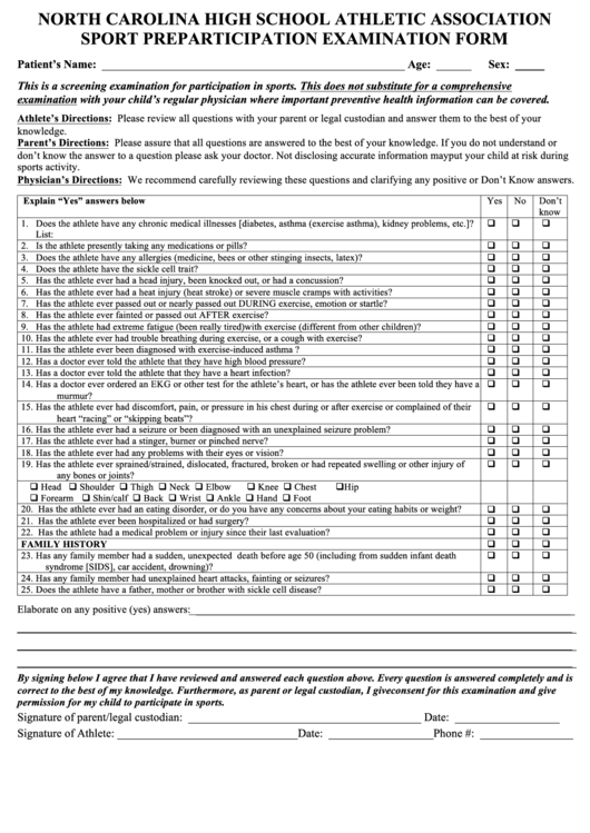 North Carolina High School Athletic Association Sport Preparticipation Examination Form Printable pdf