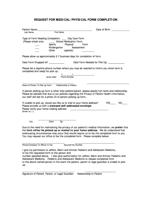 Request For Medical Physical Form Completion