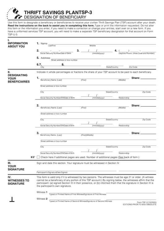 Form Tsp-3 - Designation Of Beneficiary - Thrift Savings Plan Printable pdf
