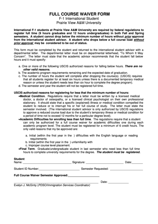 Full Course Waiver Form Printable pdf