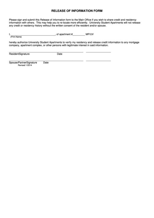 Release Of Information Form University Student Apartments Printable pdf