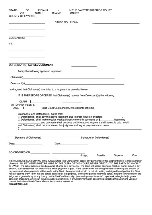 Agreed Judgment (In The Fayette Superior Court Small Claims Court) Printable pdf