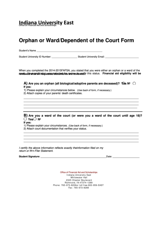 Orphan Or Ward Dependent Of The Court Form - Indiana University East Printable pdf