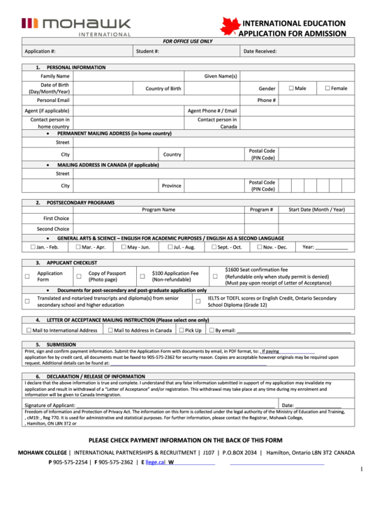 Fillable Application Form - Mohawk College Printable pdf
