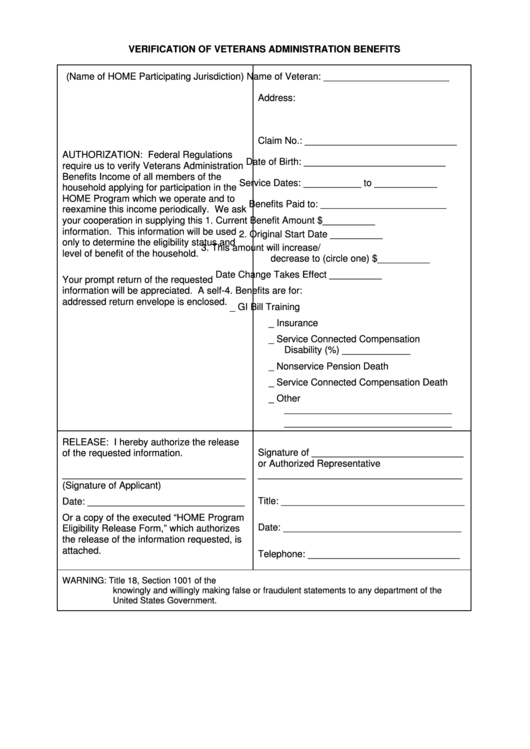 Verification Of Veterans Administration Benefits Printable pdf