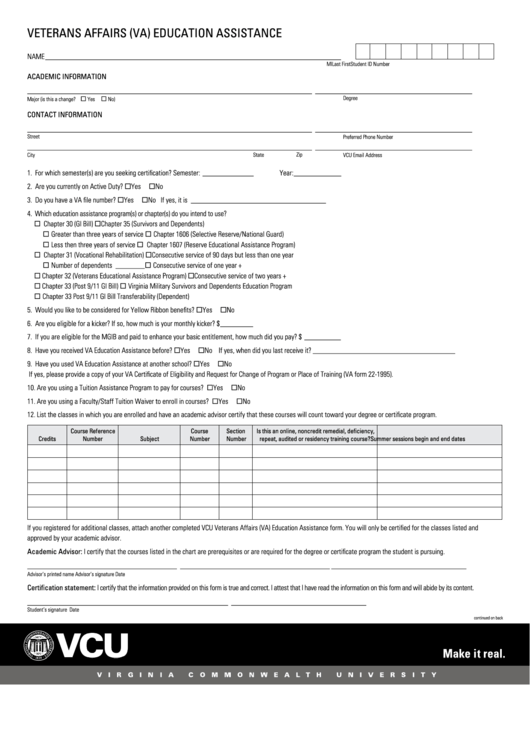 Veterans Affairs (Va) Education Assistance Printable pdf