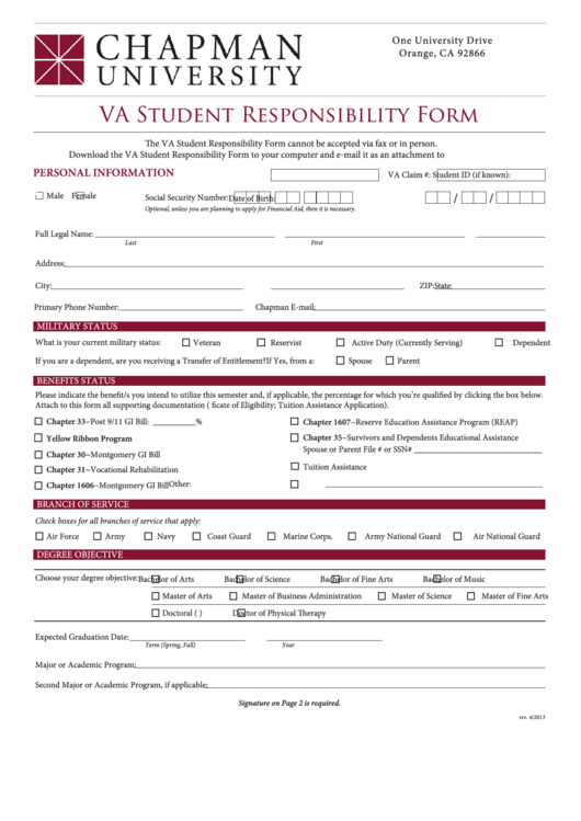 Fillable Va Student Responsibility Form - Chapman University Printable pdf