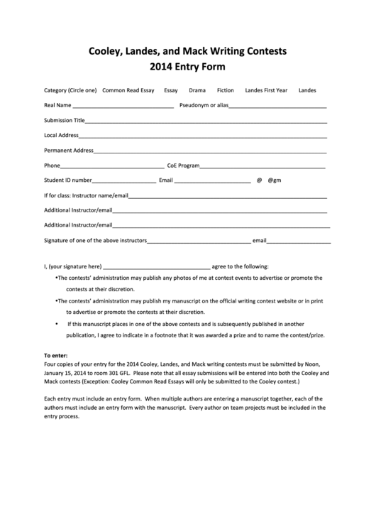 Writing Contest Entry Form 2014 Printable pdf