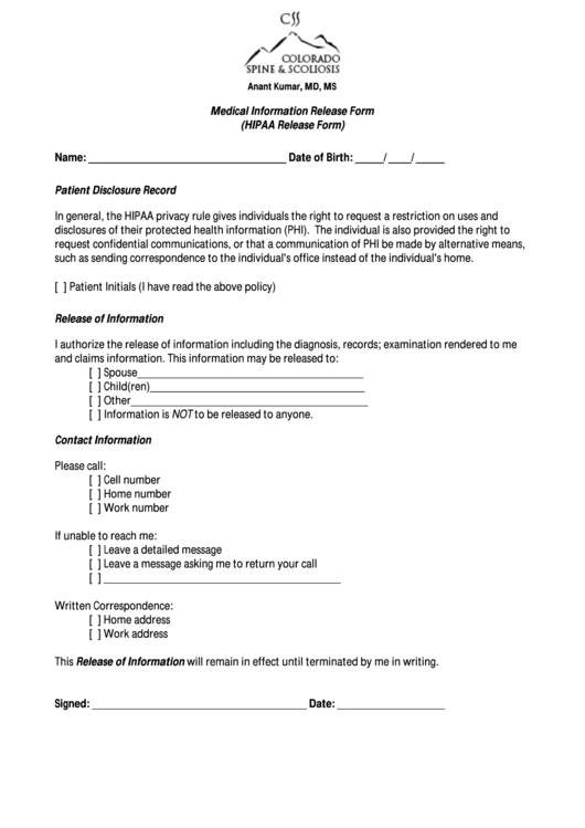 Medical Information Release Form Printable pdf
