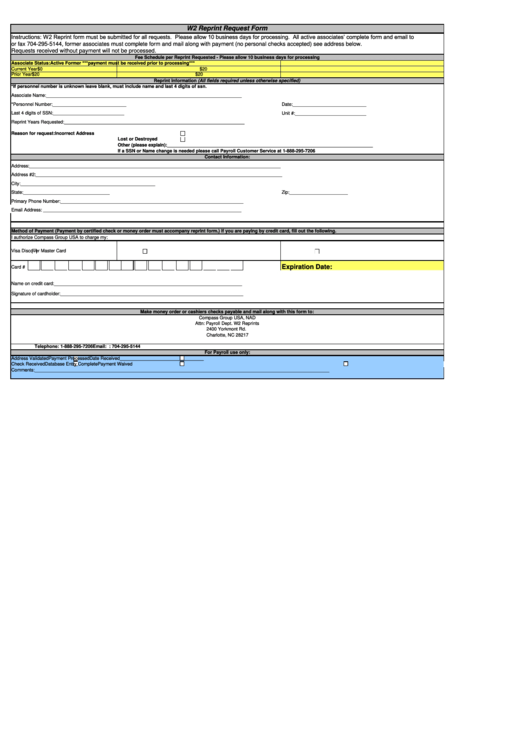 W2 Reprint Request Form Printable pdf