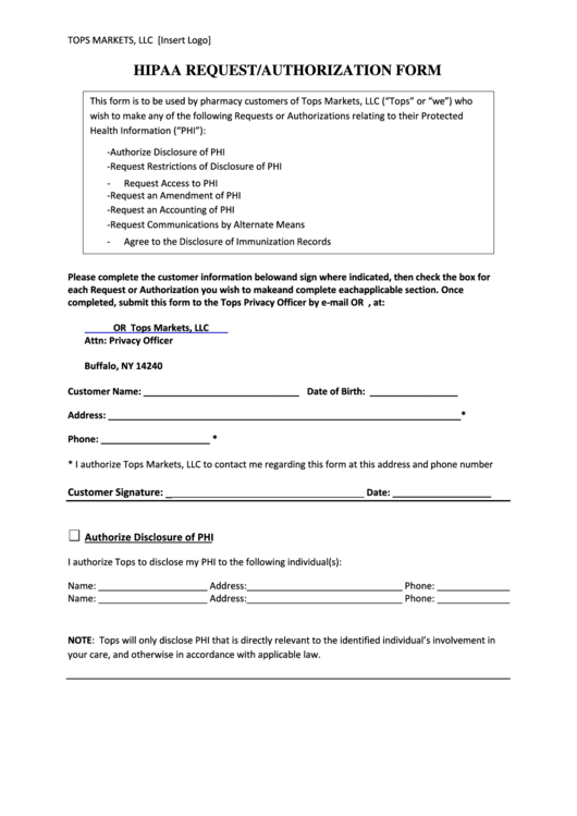 Hipaa Request Authorization Form Printable pdf