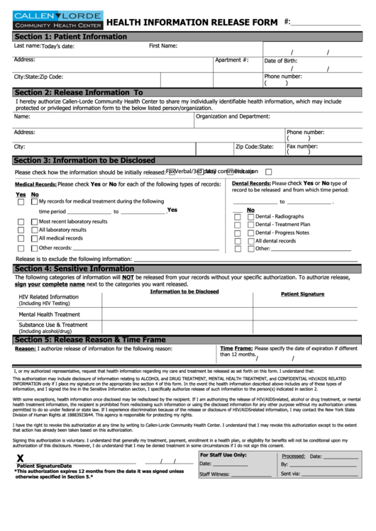 Fillable Health Information Release Form - Callen Lorde Printable pdf