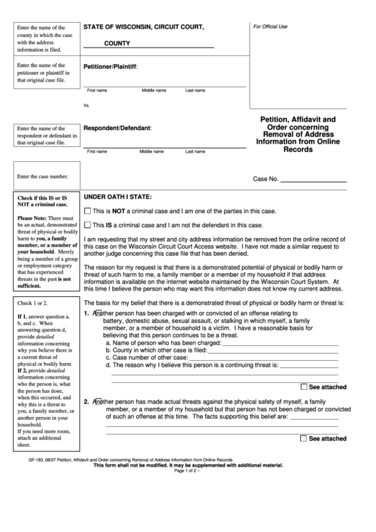 Form Gf-183 - Petition, Affidavit And Order Concerning Removal Of Address Information From Online Records Printable pdf