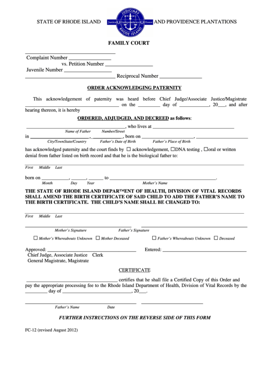Order Acknowledging Paternity - State Of Rhode Island And Providence Plantations Family Court Printable pdf