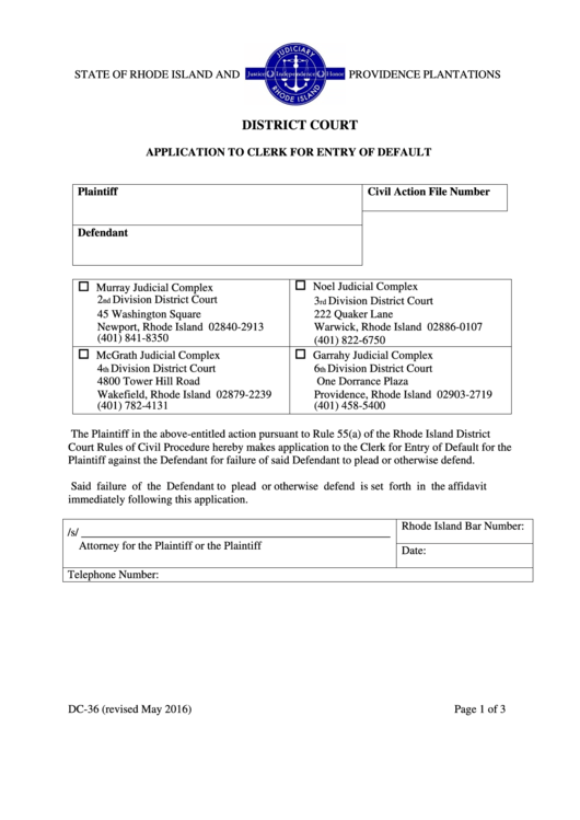 Application To Clerk For Entry Of Default - State Of Rhode Island And Providence Plantations District Court Printable pdf