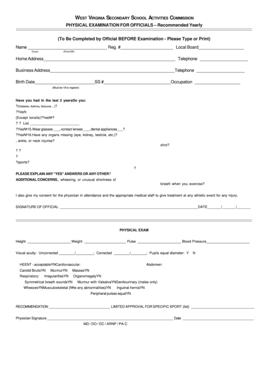 Officials Physical Examination Form Printable pdf