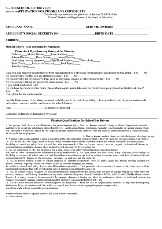 School Bus Drivers Application For Physicians Certificate Printable pdf