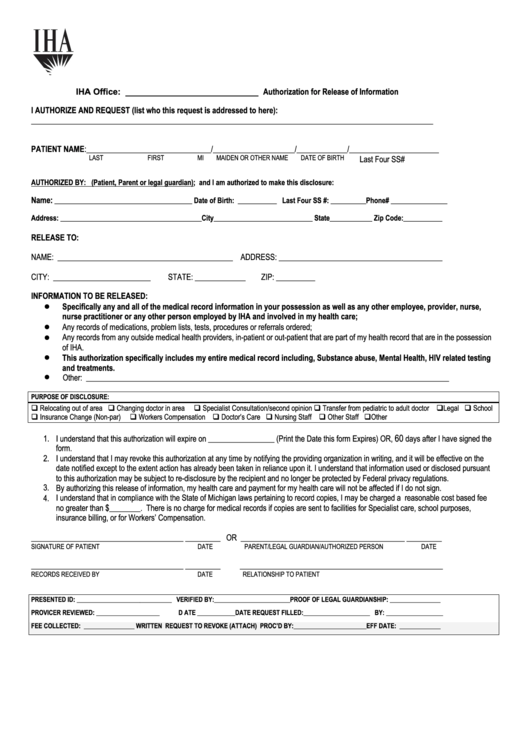 Authorization Form For Release Of Information Printable pdf