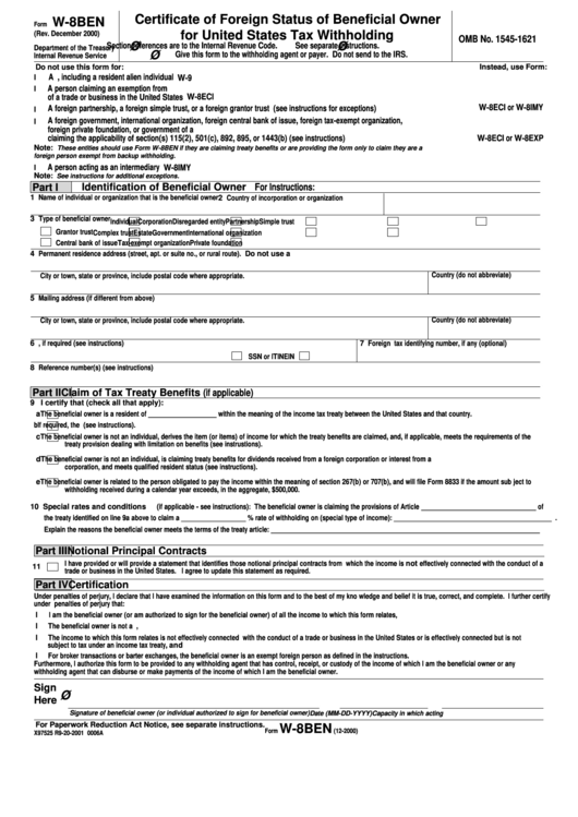 Form W-8ben - Certificate Of Foreign Status Of Beneficial Owner For United States Tax Withholding - 2000 Printable pdf