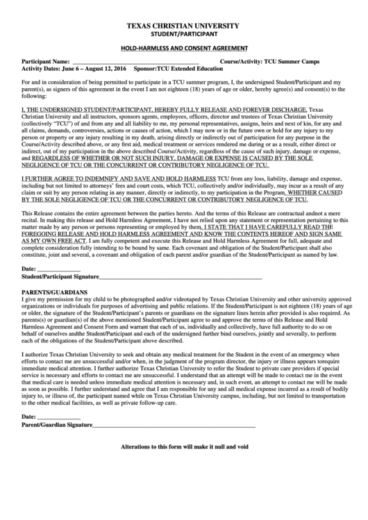 Hold-Harmless And Consent Agreement Printable pdf