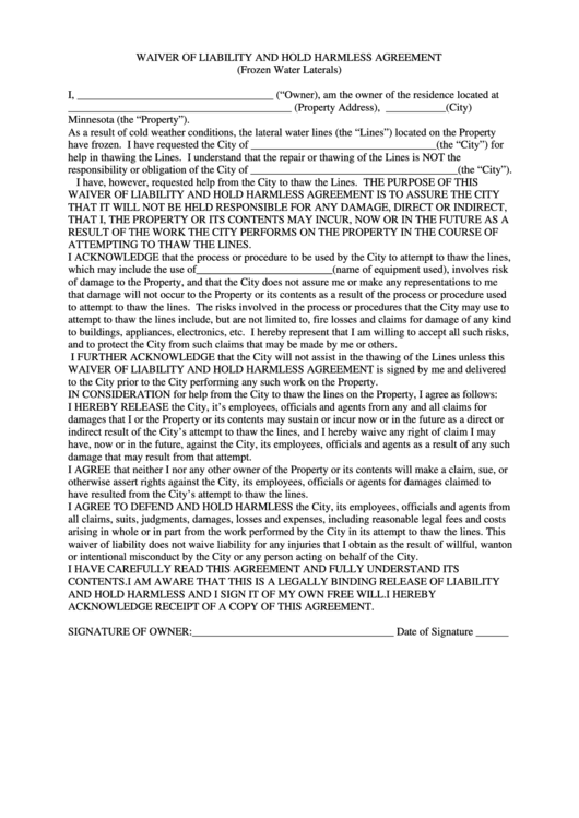 Waiver Of Liability And Hold Harmless Agreement Printable pdf