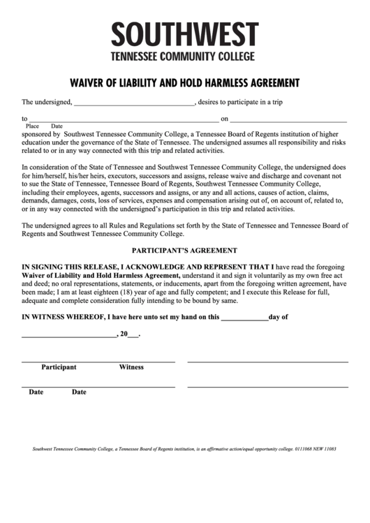 Waiver Of Liability And Hold Harmless Agreement Printable pdf