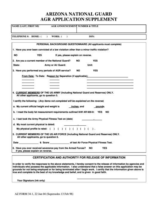 Fillable Az Form 34-1 - Agr Application Supplement Printable pdf