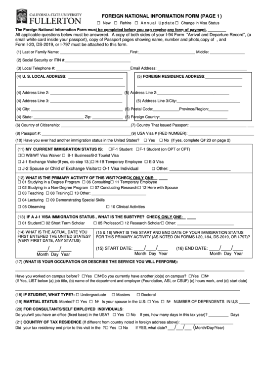 Foreign National Information Form (Page 1) Printable pdf