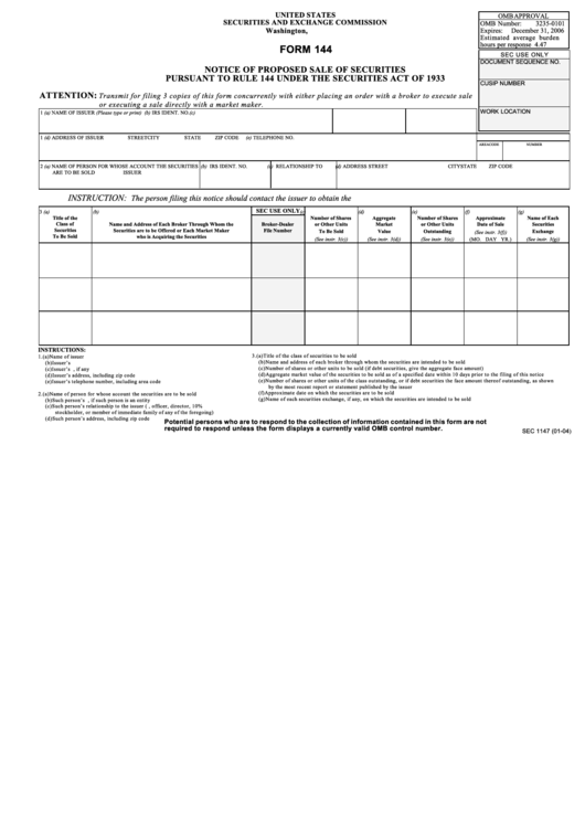 Form 144 - Notice Of Proposed Sale Of Securities, Irrevocable Stock Or Bond Power Printable pdf