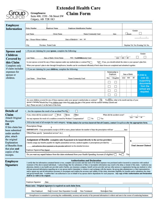 Fillable Extended Health Care Claim Form Printable pdf
