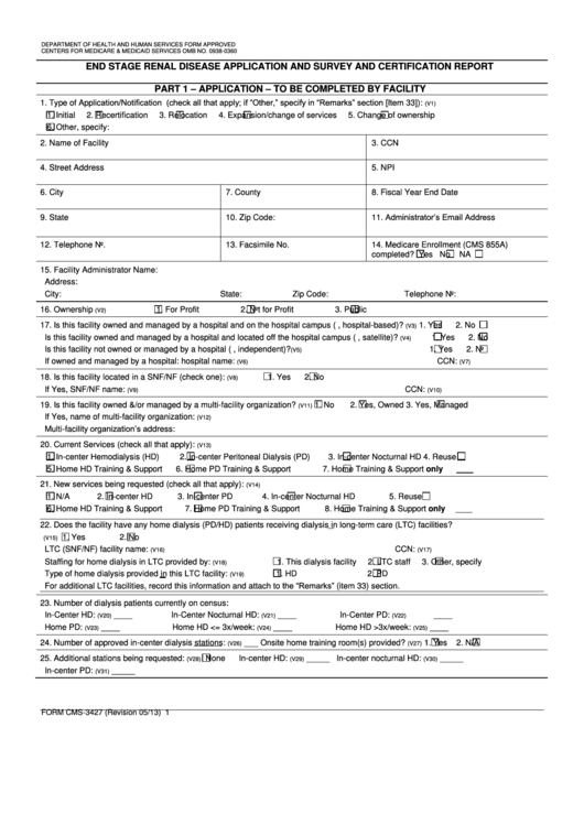Form Cms-3427 - End Stage Renal Disease Application And Survey And Certification Report Printable pdf