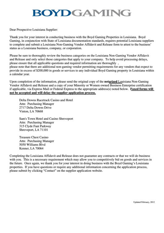 Louisiana Non-Gaming Vendor Affidavit And Release Printable pdf