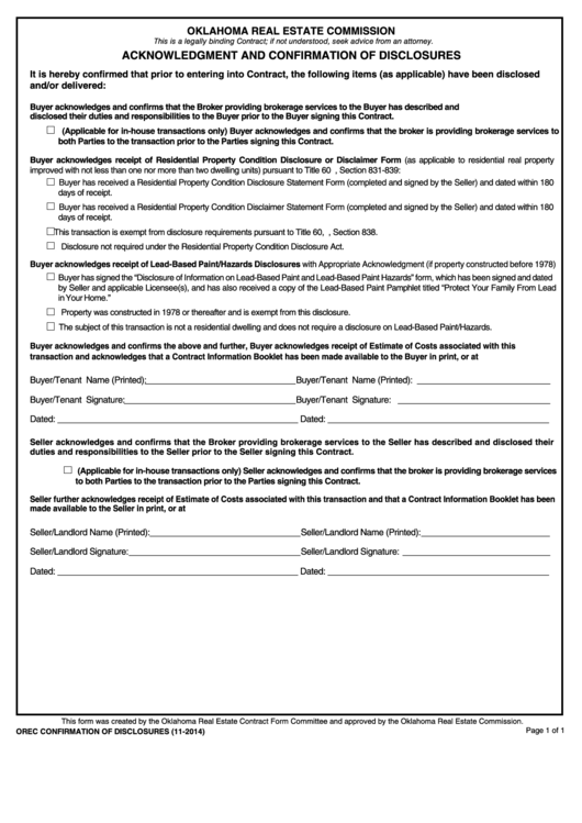 Fillable Acknowledgment Form And Confirmation Of Disclosures - Oklahoma Printable pdf