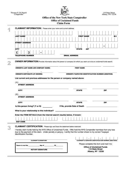 Claim Form - New York State Comptroller Printable pdf