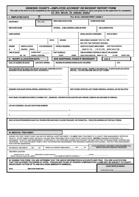 Wc Accident Injury Report Form - Genesee County Printable pdf