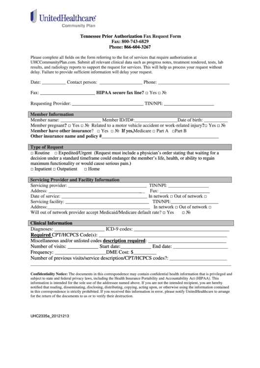 Fillable Tennessee Prior Authorization Fax Request Form Printable pdf